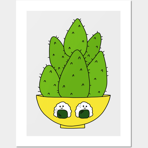 Cute Cactus Design #126: Cute Cacti Bunch In A Bowl With Onigiri Wall Art by DreamCactus